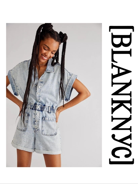 Blank NYC Pants - BLANK NYC - Time Zone Acid Wash Denim Short Sleeve Romper - XSmall